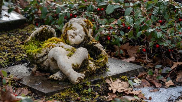 Moss-covered angel on stone